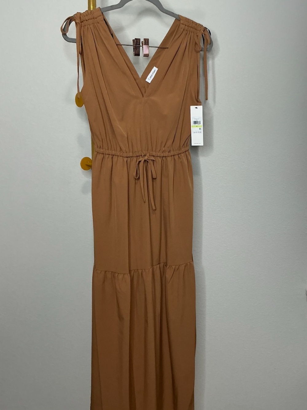 Calvin Klein Sleeveless V-Neck Tie Waist Shoulder Tie Midi Dress